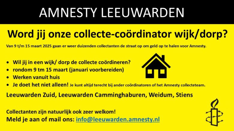 Coordinator collecte Amnesty Leeuwarden, Camminghaburen, Zuid, Weidum, Stiens