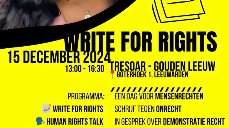 aankondiging slotevenement Write for rights 15 december in Tresoar.